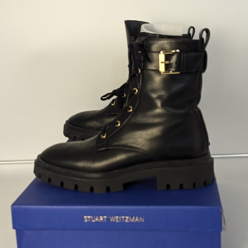 Stuart Weitzman Ultra Lug Buckle Smooth Calf Black Boot